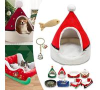 Cat Sleigh Bed, Christmas Sleigh Cat Bed with Non-Slip Bottom, Washable Christmas Dog Bed, Fuzzy Holiday Cat Bed, Keep Warm & Super Soft, Fits an 18Inch Crate, for Indoor Cats and Dogs (Red House)