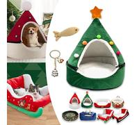 Cat Sleigh Bed, Christmas Sleigh Cat Bed with Non-Slip Bottom, Washable Christmas Dog Bed, Fuzzy Holiday Cat Bed, Keep Warm & Super Soft, Fits an 18Inch Crate, for Indoor Cats and Dogs (Green House)