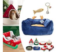 Cat Sleigh Bed, Christmas Sleigh Cat Bed with Non-Slip Bottom, Washable Christmas Dog Bed, Fuzzy Holiday Cat Bed, Keep Warm & Super Soft, Fits an 18Inch Crate, for Indoor Cats and Dogs (Blue antlers)