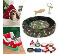 Cat Sleigh Bed, Christmas Sleigh Cat Bed with Non-Slip Bottom, Washable Christmas Dog Bed, Fuzzy Holiday Cat Bed, Keep Warm & Super Soft, Fits an 18Inch Crate, for Indoor Cats and Dogs (Green print)