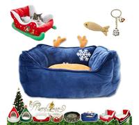 Cat Sleigh Bed, Christmas Sleigh Cat Bed with Non-Slip Bottom, Washable Christmas Dog Bed, Fuzzy Holiday Cat Bed, Keep Warm & Super Soft, Fits an 18Inch Crate, for All Size Dogs & Cats (Blue antlers)