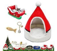 Cat Sleigh Bed, Christmas Sleigh Cat Bed with Non-Slip Bottom, Washable Christmas Dog Bed, Fuzzy Holiday Cat Bed, Keep Warm & Super Soft, Fits an 18Inch Crate, for All Size Dogs & Cats (Red House)