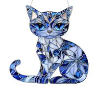 Cat Suncatcher - Blue & White Acrylic Window Decor | 8 Inch Hanging Cat Ornament with Chain, Stained Glass Style Decoration ForCat Lovers & Owners