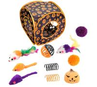 Cat Toy Set - Interactive Peekaboo Tunnel | Halloween Plush Featĥer | Polyester, Featĥer and plush materials. Halloween-themed set for interactive peekaboo, s nd-find play with cats indoors o