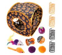 Cat Toy Set - Interactive Peekaboo Tunnel | Halloween Plush Featĥer | Polyester, Featĥer and plush materials. Halloween-themed set for interactive peekaboo, s nd-find play with cats indoors o