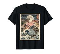 Cat Vs Monster Trex Japonés Japón Ukiyo-e Arte Camiseta