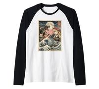 Cat Vs Monster Trex Japonés Japón Ukiyo-e Arte Camiseta Manga Raglan