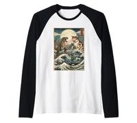 Cat Vs Monster Trex Japonés Japón Ukiyo-e Arte Camiseta Manga Raglan