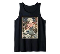 Cat Vs Monster Trex Japonés Japón Ukiyo-e Arte Camiseta sin Mangas
