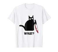 Cat What? Divertido Gato Negro con Cuchillo Halloween Gato Negro Camiseta gráfica económica, Hombre, Blanco, L