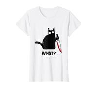 Cat What? Divertido Gato Negro con Cuchillo Halloween Gato Negro Camiseta gráfica económica, Mujer, Blanco, XS