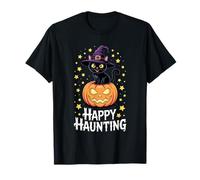 Cat Witch Hat Pumpkin Happy Haunting Camiseta