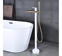 CATANK Freestanding Bath Taps Floor Mounted with 360 Rotatable Single Handle Hot and Cold Freestanding Bath Tap Brass White + Gold