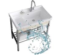 CATANK Fregaderos de Cocina para el hogar Fregadero Independiente para lavandería, Lavabo de cerámica, Lavabo de Porcelana, Lavabo Rectangular con Estante de Acero Inoxidable y Grifo de a