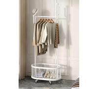 CATANK Perchero Independiente, Barra para Ropa con Ruedas, Perchero con Cesta de Almacenamiento para Dormitorio, Sala de Estar, Blanco, 60 cm