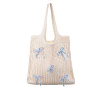 CATASTRBT Bolso Crochet Mujer con Lazo Bolsa Playa Ganchillo Mujer Bolsos Tejidos Crochet Beach Bag Ganchillo Bolso Verano para Vacaciones, Compras, Uso Diario (Azul Claro)