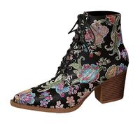 Categoría de producto Botas de tobillo para mujer - Título del producto Mujeres Bordado Flores Tacones Cuadrados Encaje Up Botas de tobillo Square Toe Zapatos, Negro , 40 EU