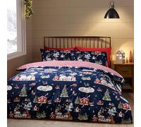 Catherine Lansfield Christmas Ski Village - Juego de Funda de edredón Reversible con Fundas de Almohada, Color Azul Marino