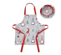 Catherine Lansfield Juego de delantal y sombrero de algodón para niños, diseño de gnomos navideños, color gris y rojo
