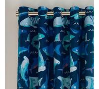 Catherine Lansfield Kids Jawsome Shark - Cortina con Ojales Totalmente Reversible de 66 x 72 Pulgadas, Color Azul Marino
