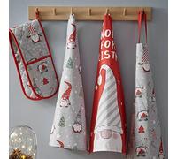 Catherine Lansfield Paños de Cocina de algodón, 50 x 75 cm, 4 Unidades, diseño de gnomos navideños, Color Gris y Rojo