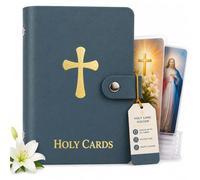 Catholic Holy Card Holder, Faux Leather Prayer Card Organizer with 40 Card Sleeves and Snap Closure, Pocket Holy Card Case for Mass, Daily Prayer, Memorial Cards and Religious Gifts (Navy Blue,2PCS)