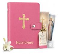 Catholic Holy Card Holder, Faux Leather Prayer Card Organizer with 40 Card Sleeves and Snap Closure, Pocket Holy Card Case for Mass, Daily Prayer, Memorial Cards and Religious Gifts (Pink,4PCS)