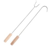 CATIEBYE Ganchos para Carne Mango de Madera, 2 Piezas, Acero Inoxidable, Multifunción para Asar Hot Dogs y Alitas en Camping y Excursiones Playa