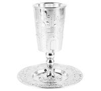 CATIEBYE Juego de Copa de Kidush Diseño Vintage para Shabat en Aleación de Zinc Plata con Platillo a Juego Fácil de Limpiar para Fiestas Judías