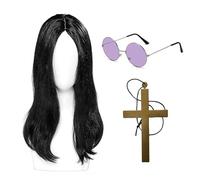 CATMEYE Set de Disfraz Rock Star para Adultos 3 Piezas,Peluca Negra Larga Prince of Darkness, Gafas Redondas Moradas & Cruz Dorada, Accesorios de Disfraz Años 70/80 para Hombres y Mujeres (3 Pcs)