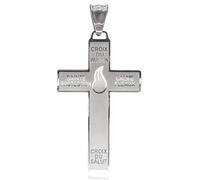 Católica Marie Julie Jahenny de Benedicción con cruz de perdón de protección con llama esmaltada blanca, cruz del perdón, crucifijo de acero inoxidable, cruz del perdón, cruz del perdón en acero