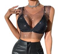 CATOR Malla de cristal Top Festival traje Rhinestone malla hueco Tanque brillante Cuerpo Accesorios para mujeres y niñas - Negro