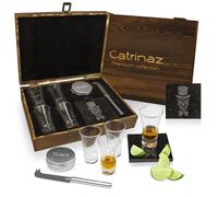Catrinaz® - Juego de vasos de chupito - Vasos de tequila - 6 cl - 4 pz - piedra de corte - cuchillo de corte - salero - Calavera Mexicana - Caja de regalo de madera de lujo