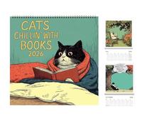 Cats Chillin 'With Books 2026 Wall Calendar, Funny Cat Leer Libro Temado Planificador mensual, decoración de la oficina y el hogar, amantes de los gatos y regalo de amantes (1Pcs)