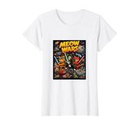 Cats Fight, Space Cats Illustration Graphic Cartoon Camiseta gráfica económica, Mujer, Blanco, S