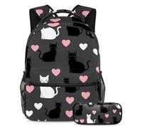 Cats Love Heart - Juego de mochila escolar y estuche para lápices para adolescentes, niñas, niños, mochila ligera de viaje, Multicolor 1, Talla única