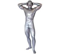Catsuit De Cuerpo Completo De Látex Plateado Con Guantes Con Capucha Para Hombres Ojos De Malla Abiertos Con Cremallera En La Entrepierna Plata Personalizar,Plata,METRO