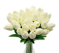 CATTLEYAHQ Flores de tulipán Artificiales, 10 Piezas de Tulipanes Reales con Hojas, decoración para Banquete de Boda Nupcial, Mesa de Cocina para el hogar (Blanco)