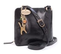 Catwalk Collection Handbags - Bolso Bandolera Pequeño de Piel Auténtica - Bolsito Mujer - Bolso de Mano con Correa Ajustable - Lena - Negro Oro