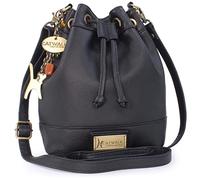 Catwalk Collection Handbags - Bolso Bandolera Pequeño de Piel - Bolso Saco de Mujer con Cordón - Bolso Bombonera de Verano - Rochelle - Negro