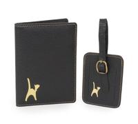 Catwalk Collection Handbags - Funda Pasaporte y Etiqueta Maleta Mujer en Cuero - Set Regalo de Viaje - Portapasaporte + Tag Equipaje a Juego - Negro