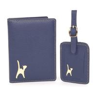 Catwalk Collection Handbags - Funda Pasaporte y Etiqueta Maleta Mujer en Cuero - Set Regalo de Viaje - Portapasaporte + Tag Equipaje a Juego - Azul