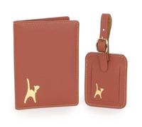 Catwalk Collection Handbags - Funda Pasaporte y Etiqueta Maleta Mujer en Cuero - Set Regalo de Viaje - Portapasaporte + Tag Equipaje a Juego - Tostado