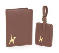 Catwalk Collection Handbags - Funda Pasaporte y Etiqueta Maleta Mujer en Cuero - Set Regalo de Viaje - Portapasaporte + Tag Equipaje a Juego - Marrón