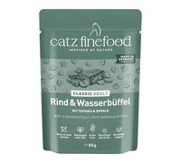 catz finefood Alimento para Gatos clásico para Adultos de Vacuno y búfalo de Agua, sin Gluten ni Cereales, sin azúcares, Comida húmeda Premium para Gatos, Fabricada en Alemania (16 Bolsas de 85 g)