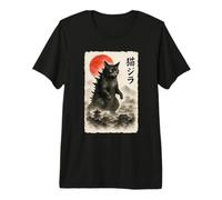 Catzilla Cat Japanese Art Funny Sumi-e para Hombres, Mujeres y niños Camiseta Premium