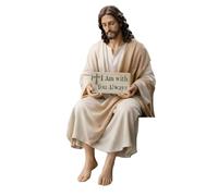CATZUM Estatua de Jesús Sentado Pintada a Mano, Figura de Resina con la Inscripción 'Yo Estoy con Vosotros Todos los Días', Inspiradora Decoración para el Hogar y Regalo de Fe
