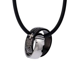 Caucho DonDon Halskette con dos anillos de acero inoxidable en un negro Samtbeutel Kreuzgravur