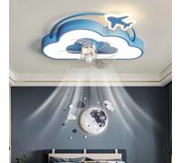 Caufloce Niño Lampara De Techo Con Ventilador Reversible Dc Regulable Ventilador De Techo Con Luz 6 Velocidades Ceiling Fan with Light and Remote Control Para Cuarto De Niños-Blue Clouds
