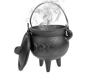Cauldron de hierro fundido, caldero de hierro fundido de 7.5x10 cm con tapa y mango, incienso decorativo de Halloween quemando caldero, olla de caldera de brujería para suministros de cosplay de Hall